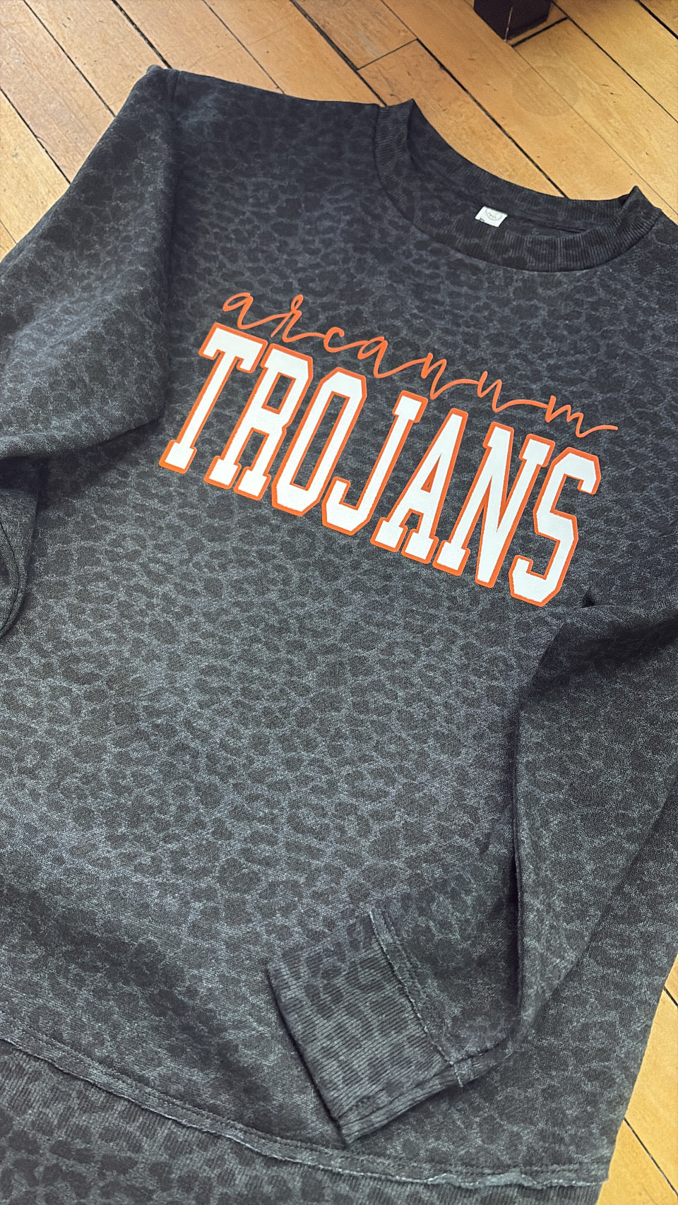 Custom School Leopard Raw Edge Crew Sweatshirt