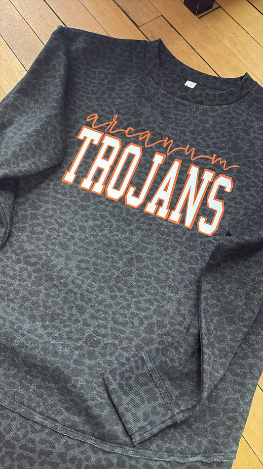 Custom School Leopard Raw Edge Crew Sweatshirt