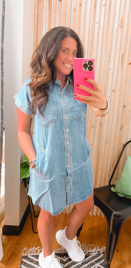 Pocket Detail Collared Button Down Mini Dress