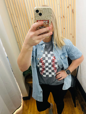 Gray Vintage Checkered Baseball Graphic Tee