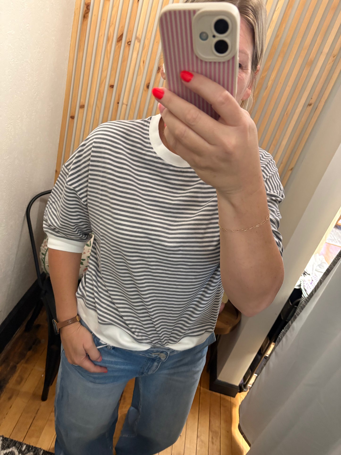 Stripe Contrast Mid Sleeve Top