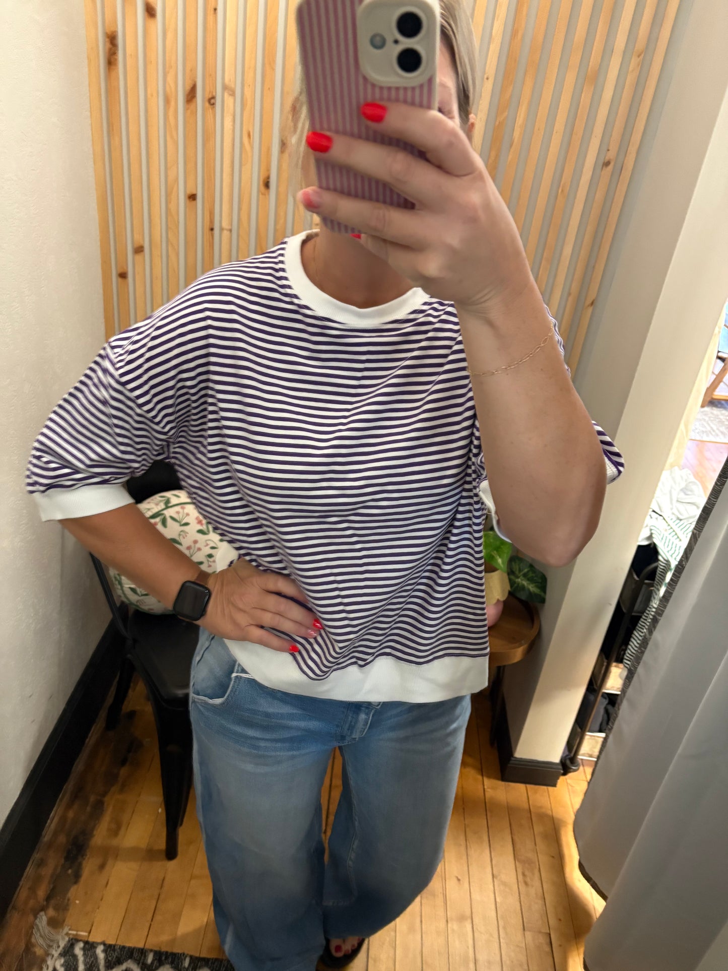 Stripe Contrast Mid Sleeve Top