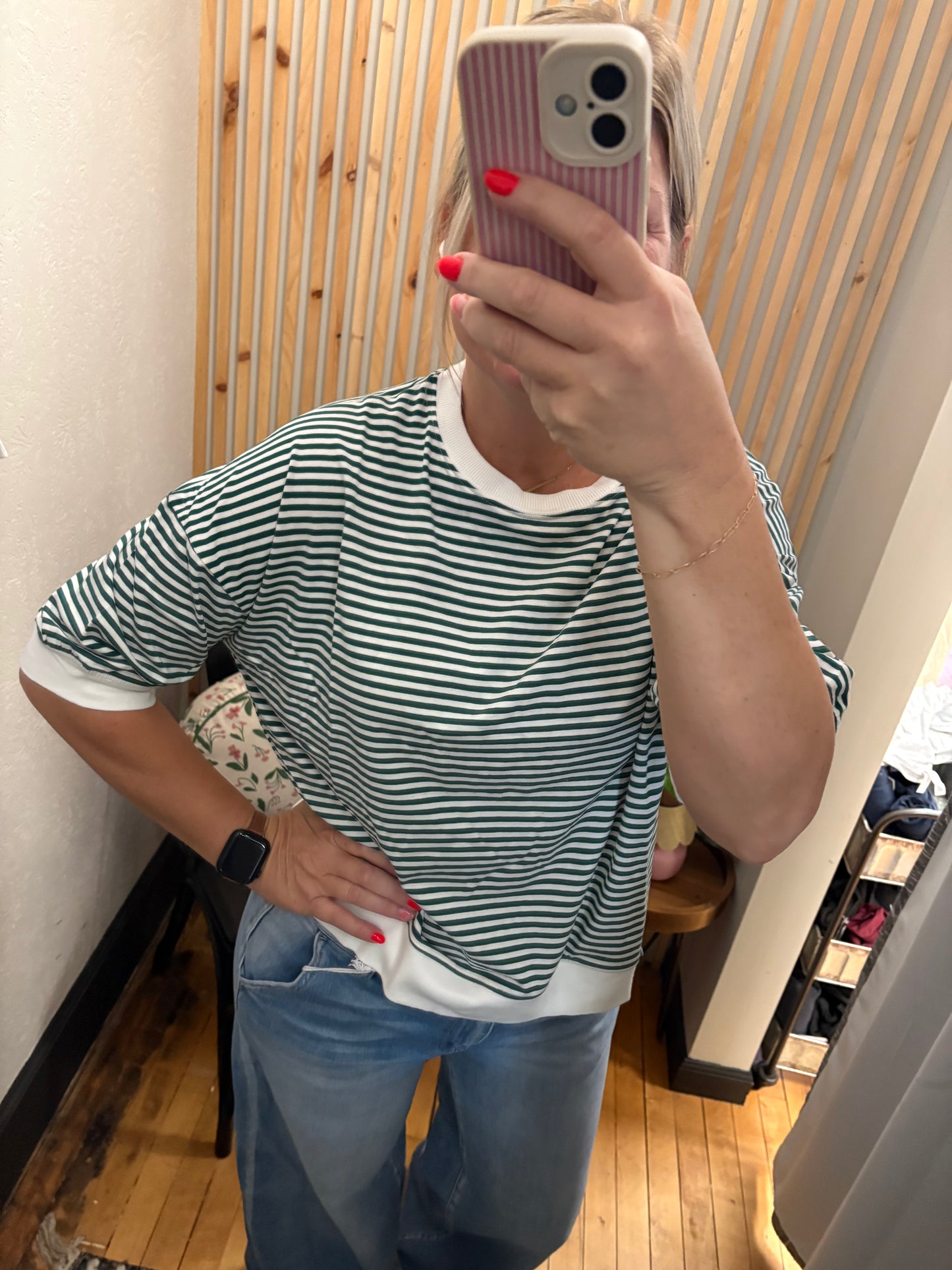 Stripe Contrast Mid Sleeve Top