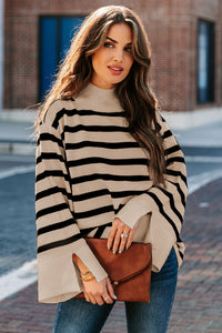 Khaki Striped Mock Sweater