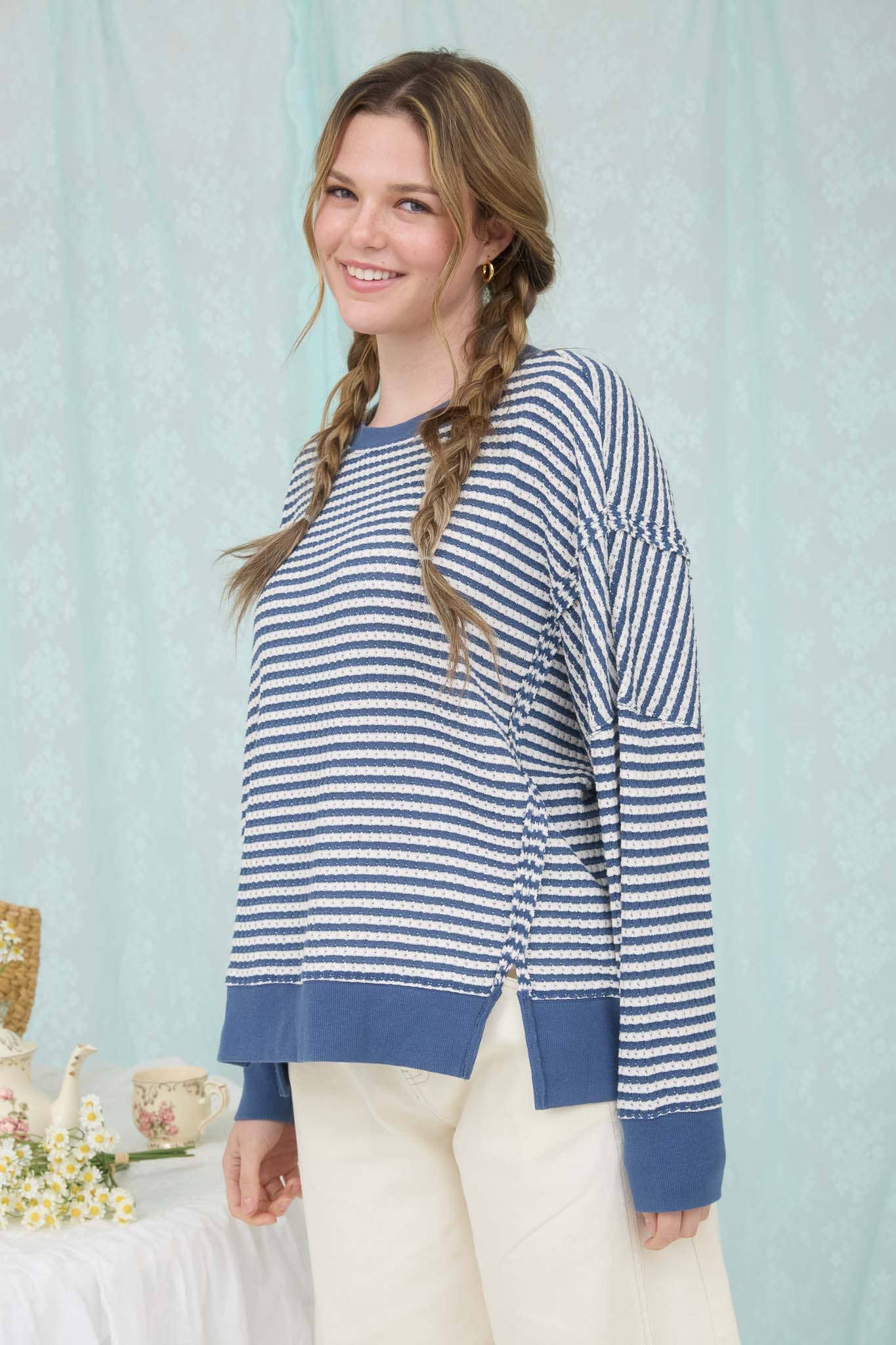 Stripe Exposed Seam Split Hem Top