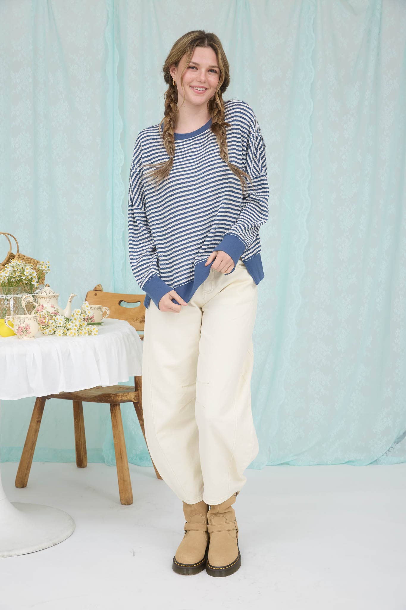 Stripe Exposed Seam Split Hem Top