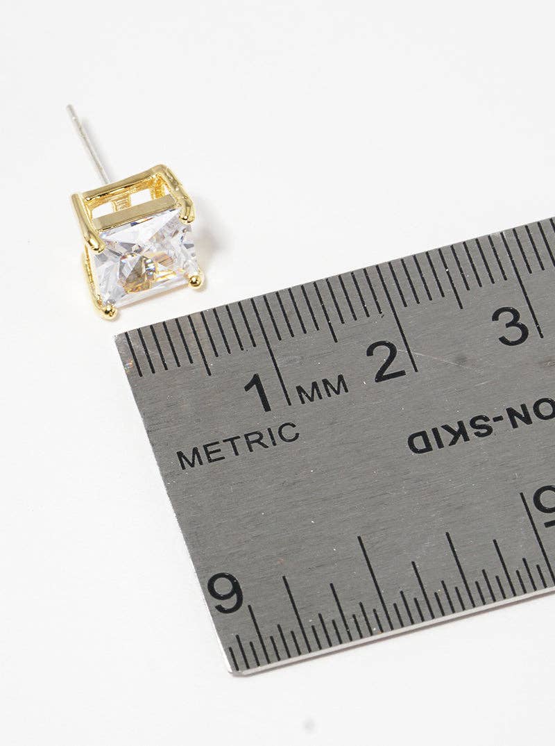 18K Gold Dipped Square Cz Sterling Silver Stud Earrings