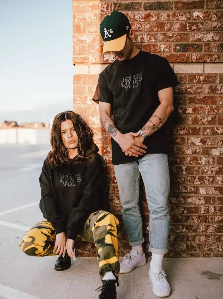 Puff Print Black on Black Logo Tee Jesus Loves You