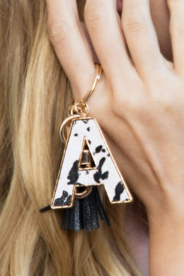 Leather Tassel with Animal Print Initial Key Chain