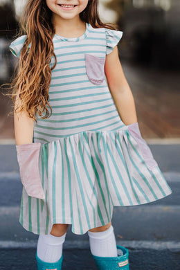 Girl's Striped Pocketed Ruffled Mini Dress