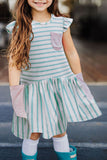 Girl's Striped Pocketed Ruffled Mini Dress