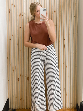 White Drawstring Striped Wide Leg Pants