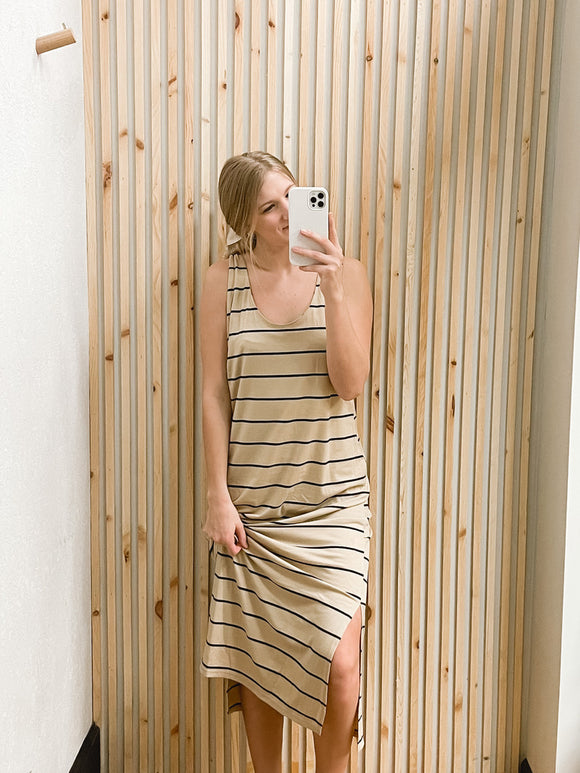 Stripe Print Sleeveless Maxi Dress with Slits