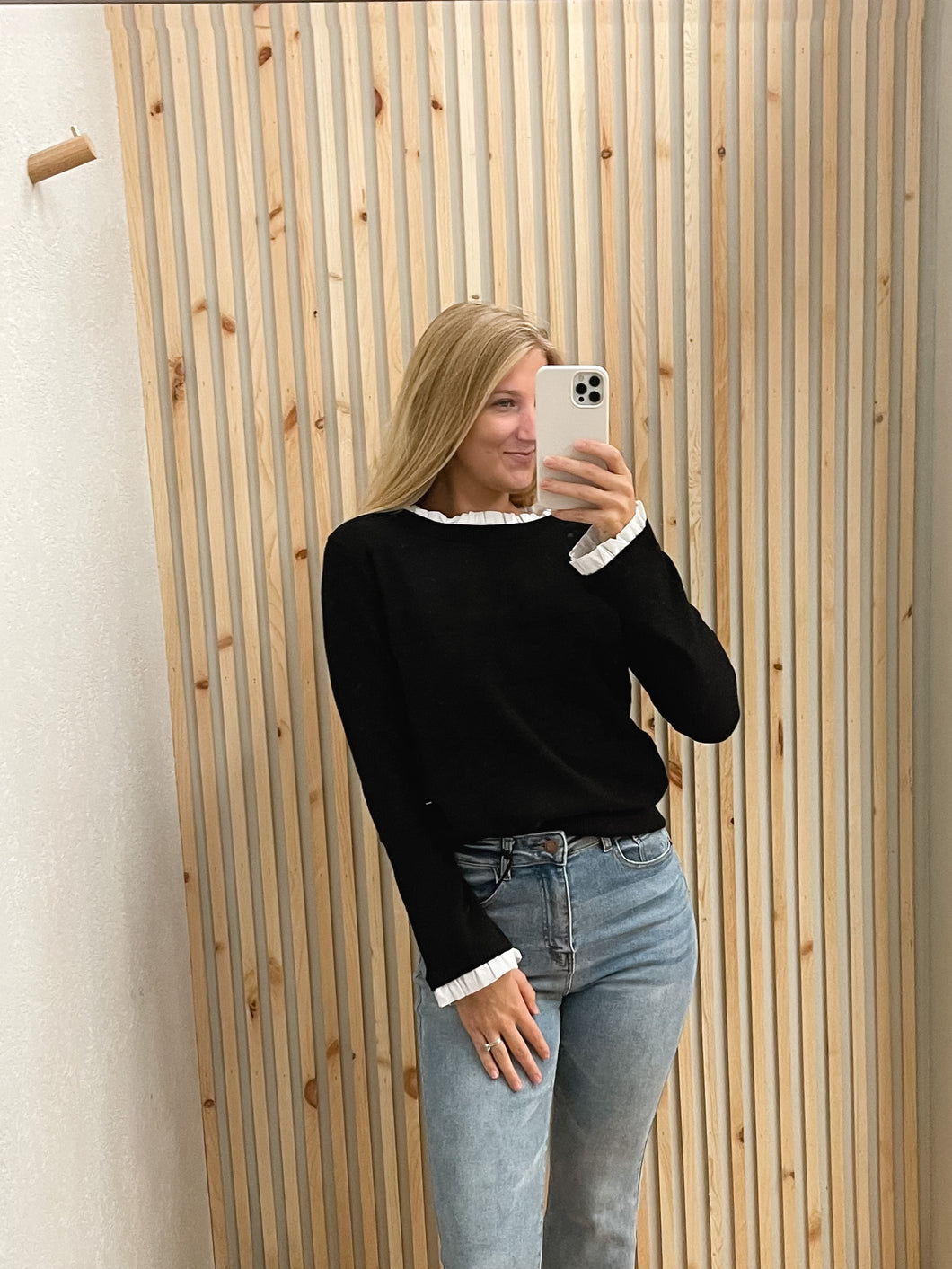 Black Solid Ruffled Sweater