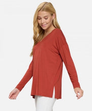 V-neck Side Slit Long Sleeve Top