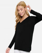 V-neck Side Slit Long Sleeve Top